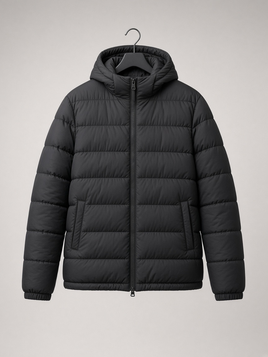 Chaqueta de plumón negra, largo a la cadera