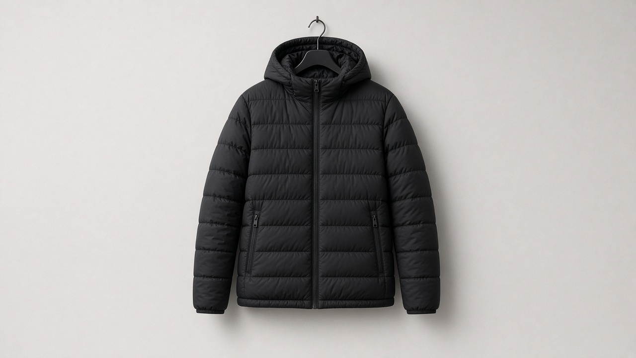 Chaqueta de plumón negra con capucha, colgada